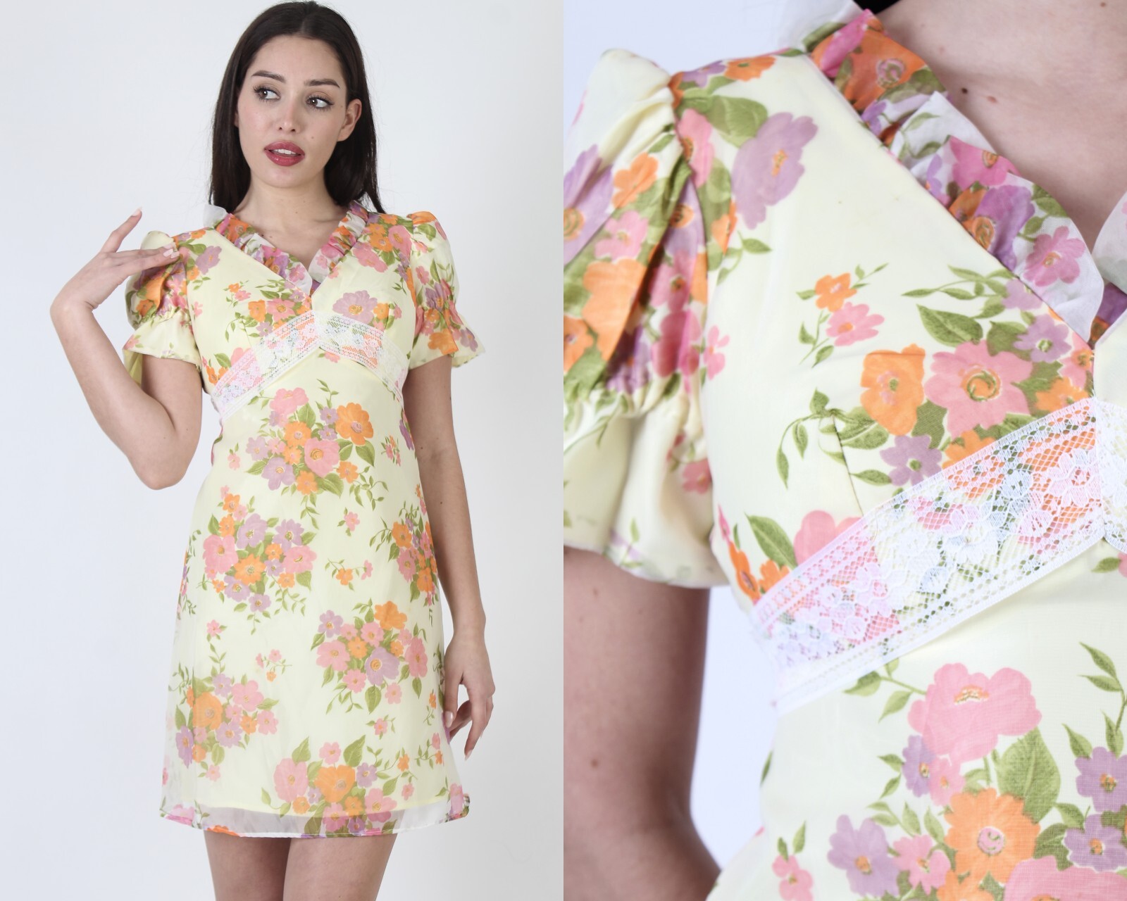 Vtg 70s High Waisted Pastel Floral Bouquet Sunday Easter Mini Boho Frock Dress