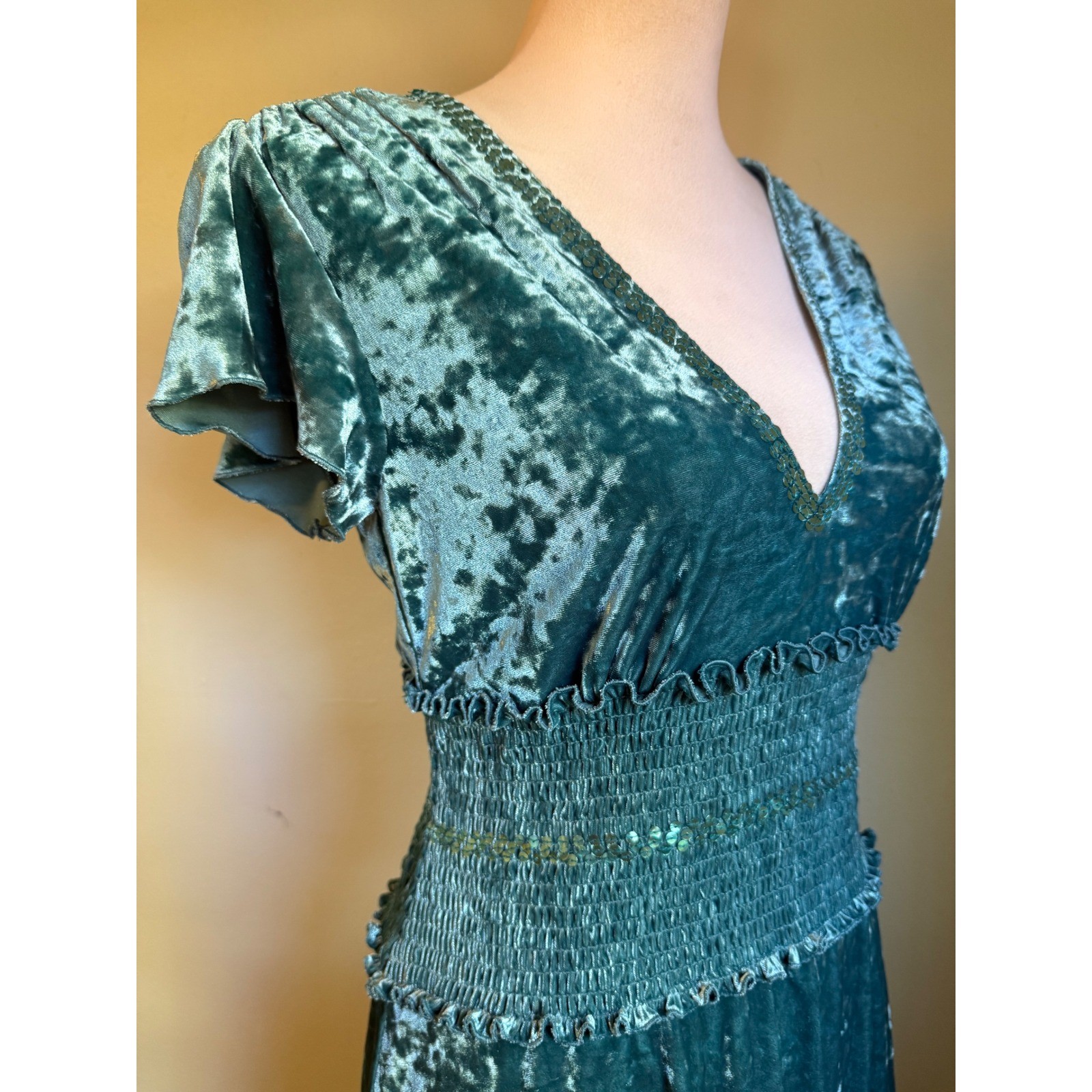 Moda Teal Crushed Velvet Smocked Sequin Dress M whimsigoth boho Y2K dainty retro