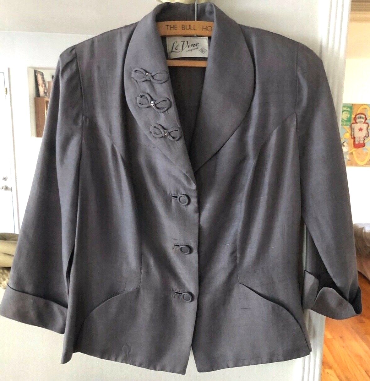 Vtg 40s LE VINE Silver RAW SILK Rhinestone BOW Cuff NIPPED WAIST JACKET Blazer M