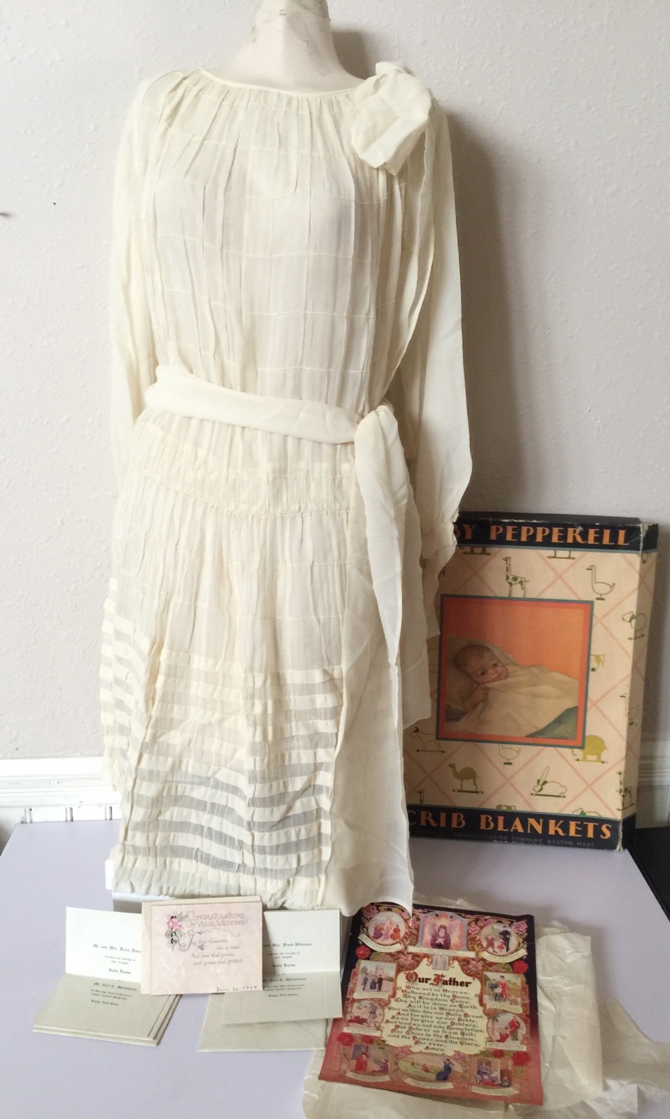 ART DECO 1920’s ANTIQUE CREAM FRENCH COTTON LIGHT SHEER FLAPPER DRESS WEDDING