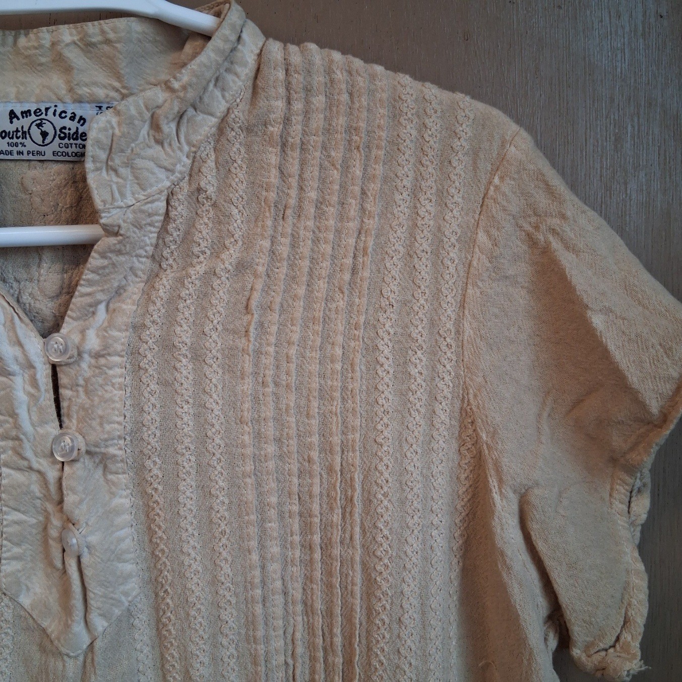 American SouthSIde Upcycled Coffee Stained Tunic Top 100% Cotton Embroidered EUC