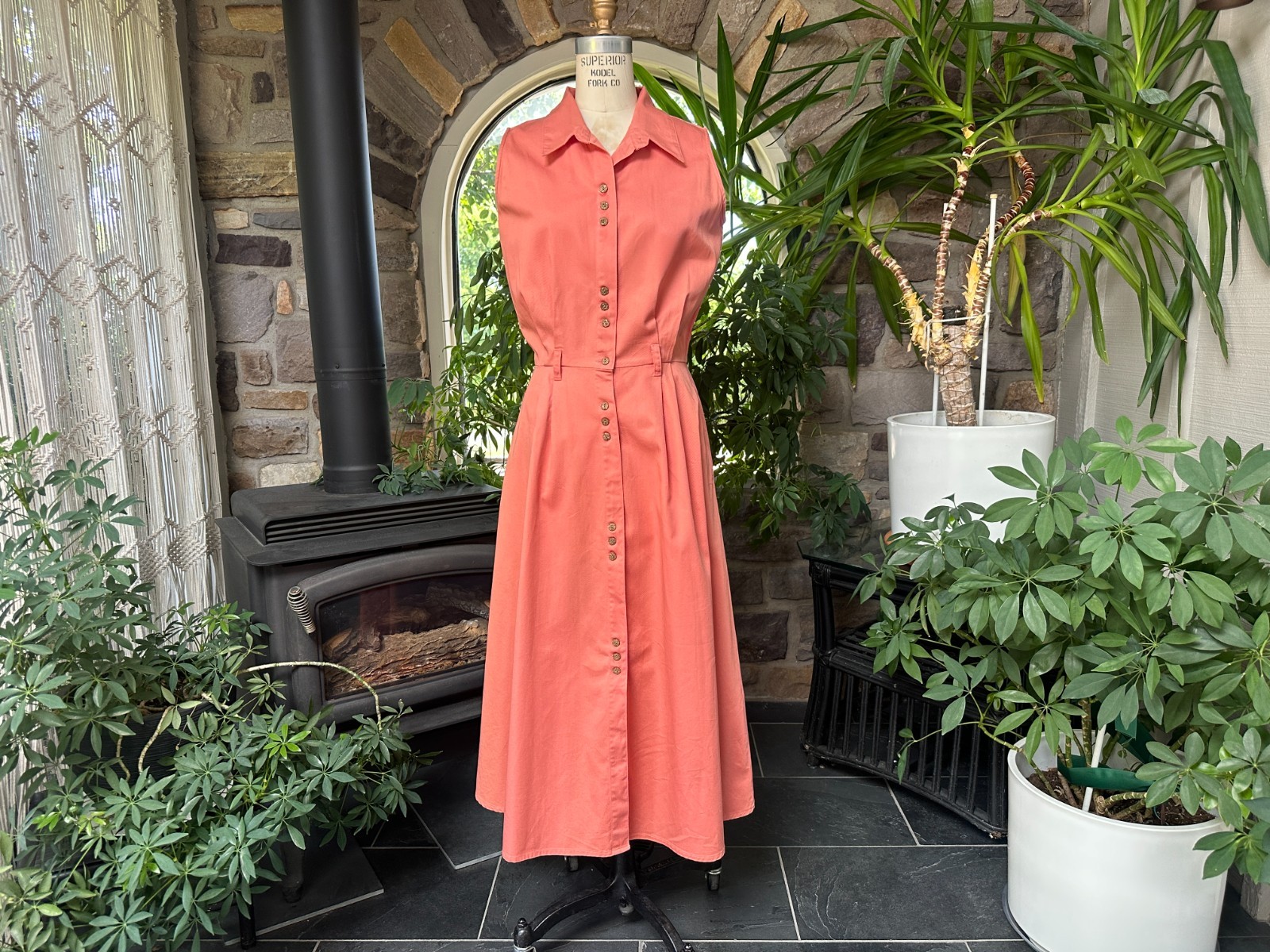 Vintage 1990s Muted Coral Cotton Denim Button Front Dress Fads