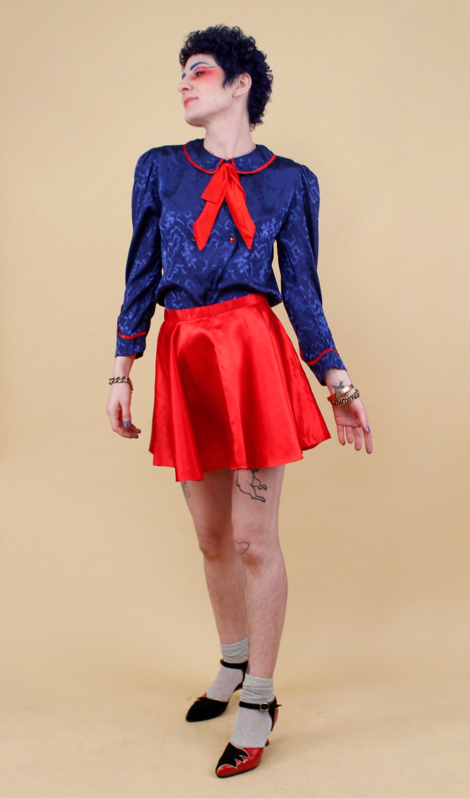80s Vtg Blue Satin Sailor Moon Style Collar Blouse Shirt Button Up Nautical B34″