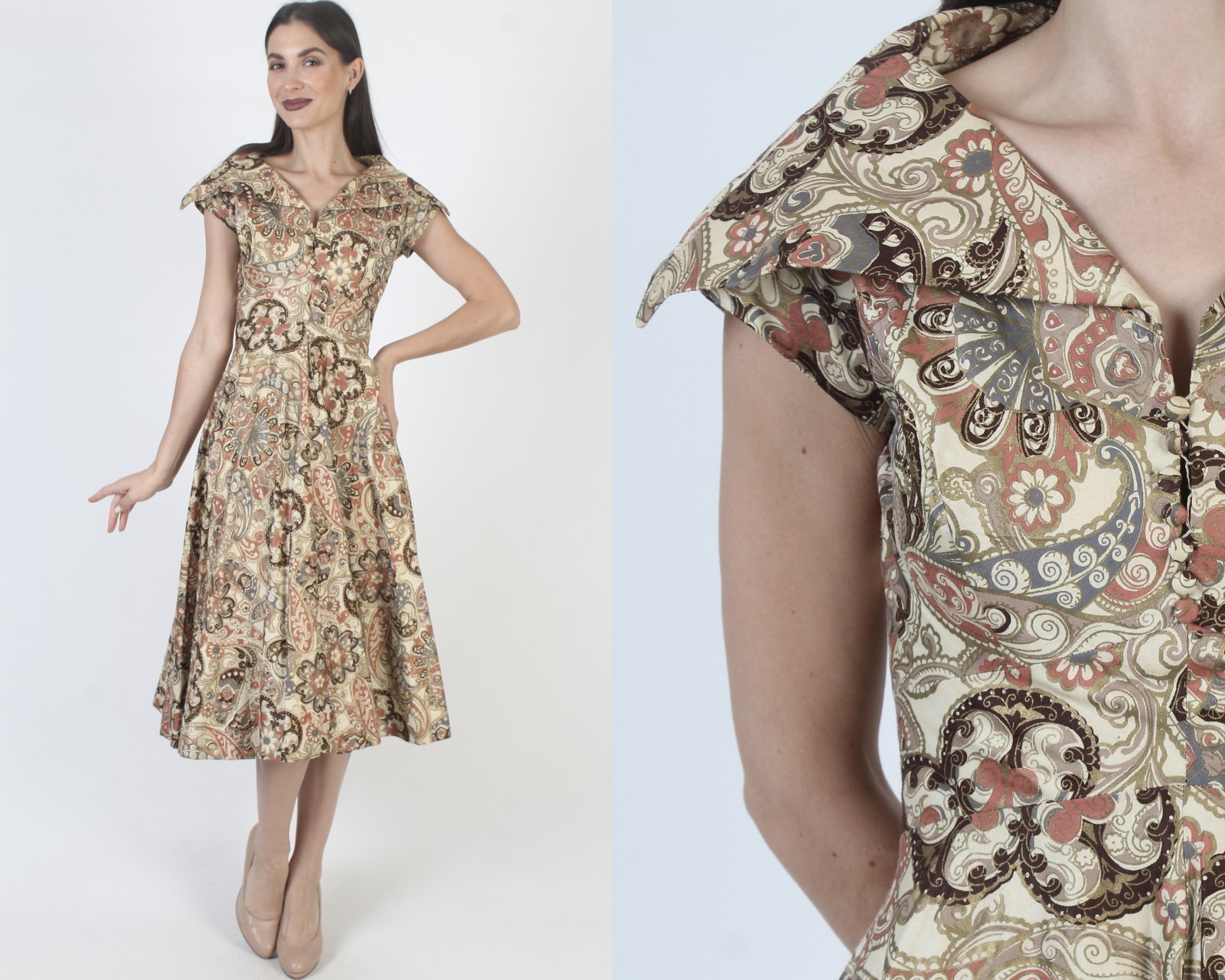 Vtg 50s Paisley Rockabilly Dress Full Circle Skirt Pin Up Atomic Bombshell Midi