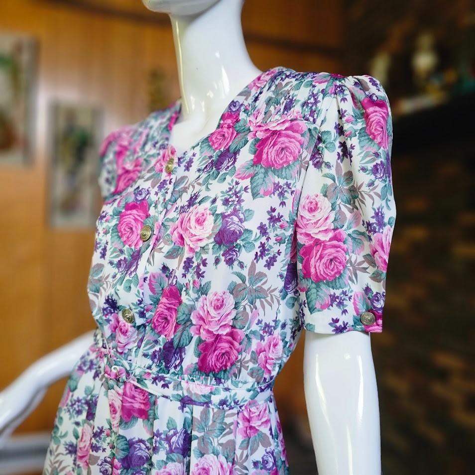 Vtg 80s Garden Party Cabbage Rose Granny Floral Belted Shirtwaist Tea Dress PM/L