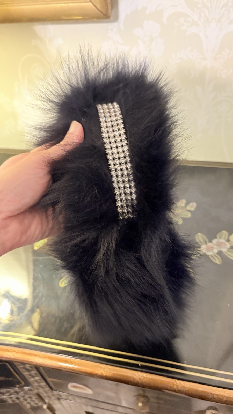 LIORAH Real DARK BLUE Fox fur headband hat, lined 23″ rhinestone band