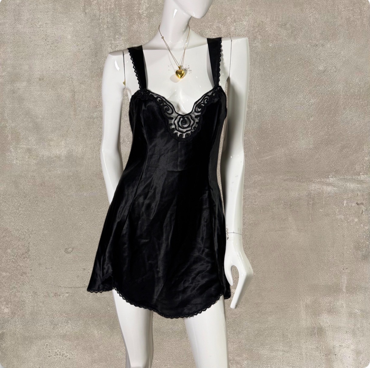 Vintage 90s Black Satin Slip Dress Made in USA Lace Lingerie Mini Medium