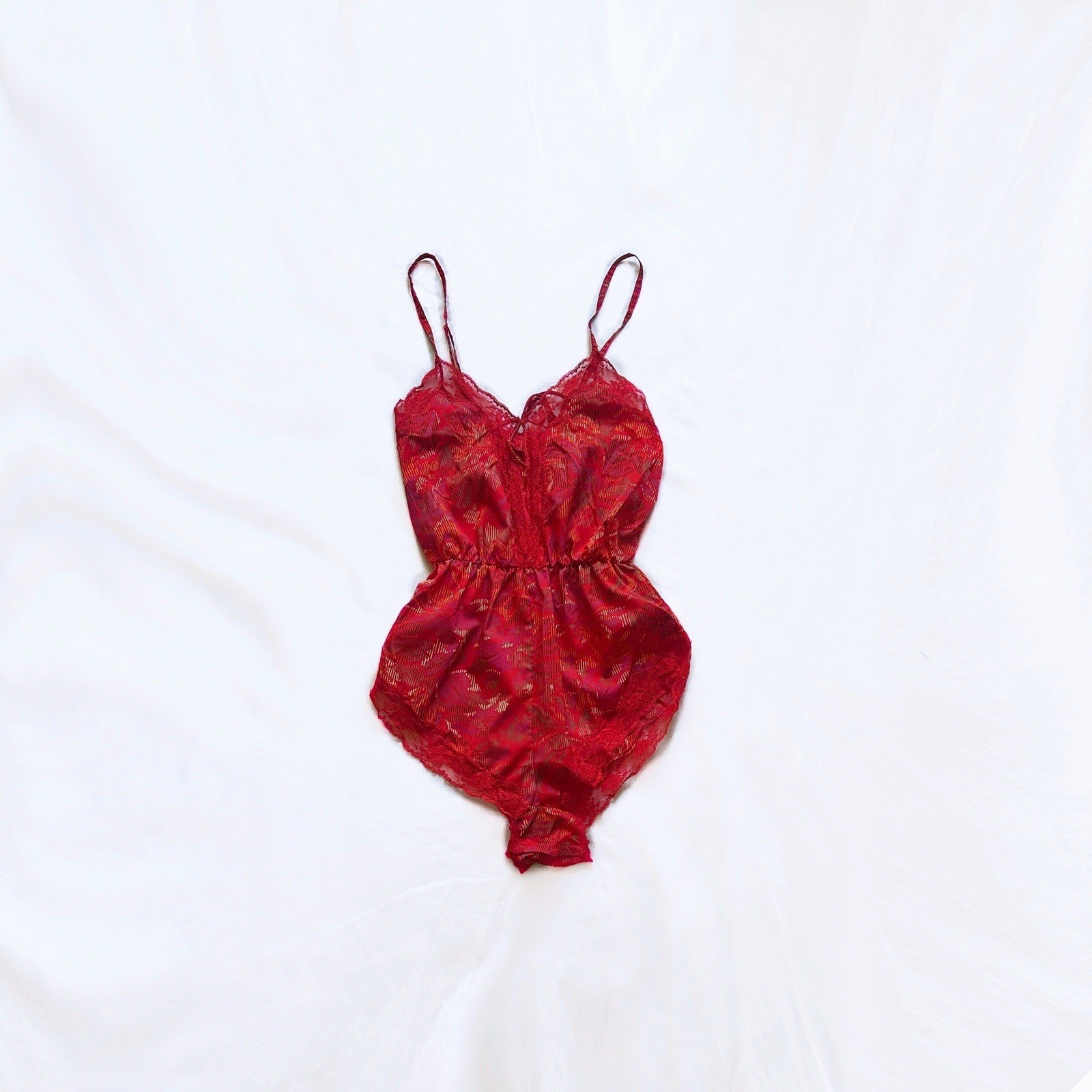 Blush Vintage Red Multicolor Print Lace Cutout Lace Trim Bodysuit Teddy Small