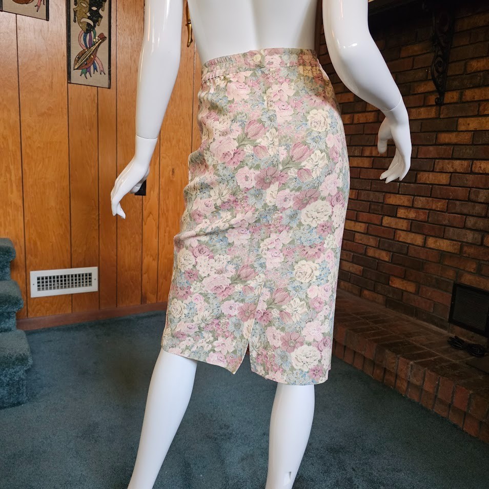 Vtg 80s Granny Cottage Floral Brat Pack High Waisted Secretary Pencil Skirt M