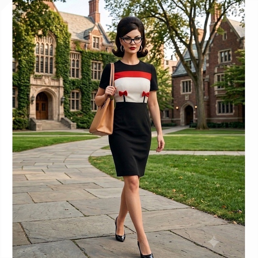 Vintage 90s Colorblock Bow Sheath Dress Retro Mod Office Siren Made in USA SP