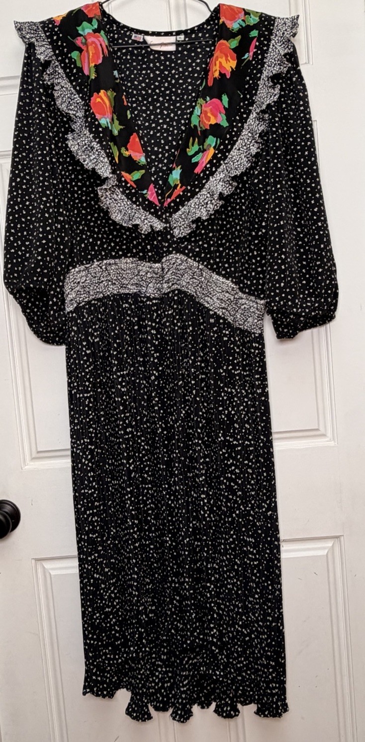 Susan Freis I Mixed Print Dress XL Vtg 1980s Black Colorful Boho Pleated Ruffle