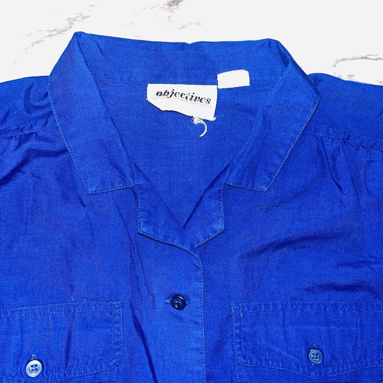 Vintage Objectives Short Sleeve Button Down Top Rolled Sleeves Blue Women 8