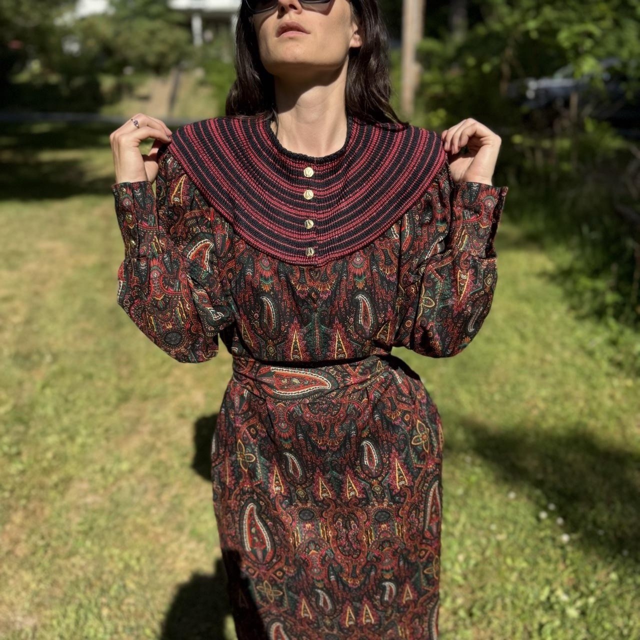 Vintage 80s Hanae Mori Wool Paisley Print Dress Pockets Boho Funky