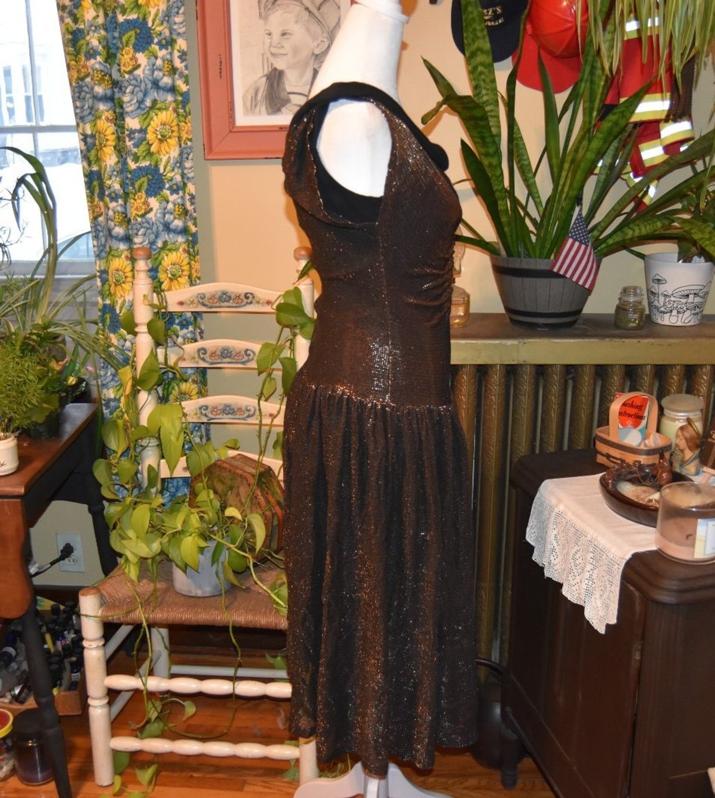 Vintage 1960s Wiggle Dress with 1980s Sheer Bronze Overlay A-Line Dress XS