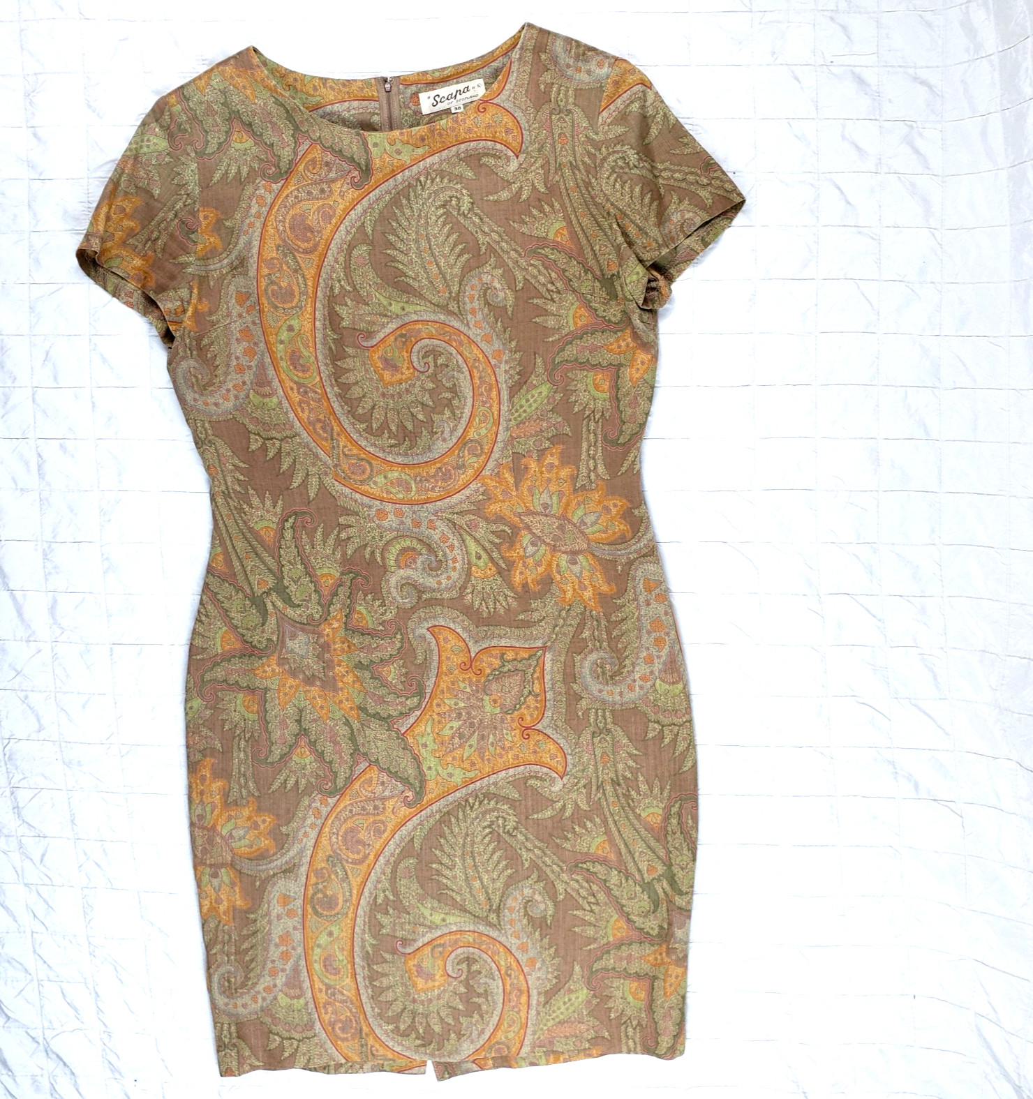 VTG Scapa of Scotland Brown Paisley Sheath dress 70s Secretary Sz SMALL (Tag 38)