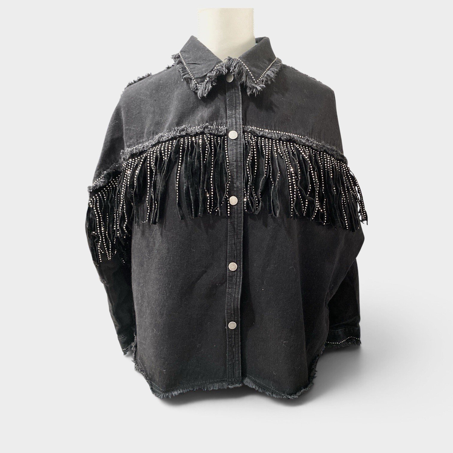 Zara Woman’s Black Western Rhinestone Sparkle Fringe Denim Jacket Sz M