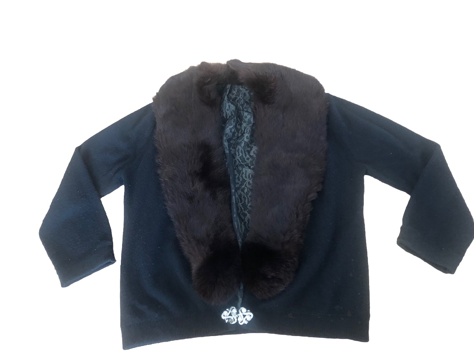 60s VTG Wool Cardigan w Black FUR COLLAR and Rhinestone Clasp
