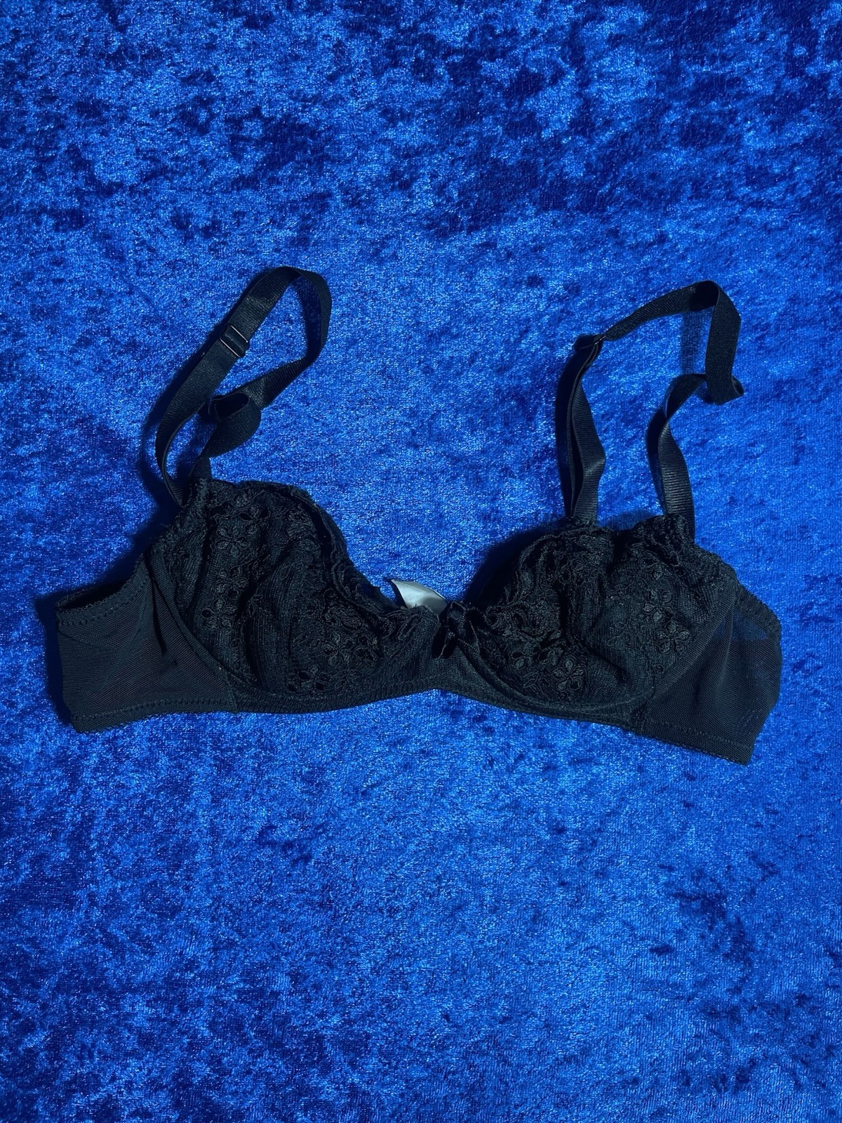 Vintage Bra 34a Black Lace Lightly Padded Underwire Demi Cup Lingerie Tag Faded