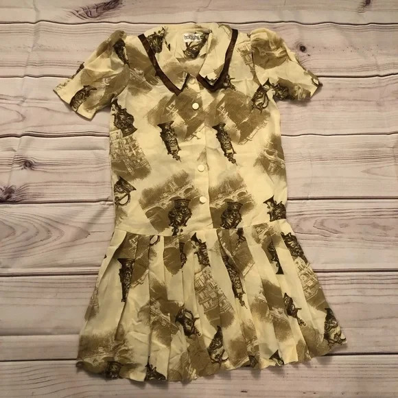 Vintage Metallic Pleated Dropped Waist Button Earth Tone Dress, size 1X/2X