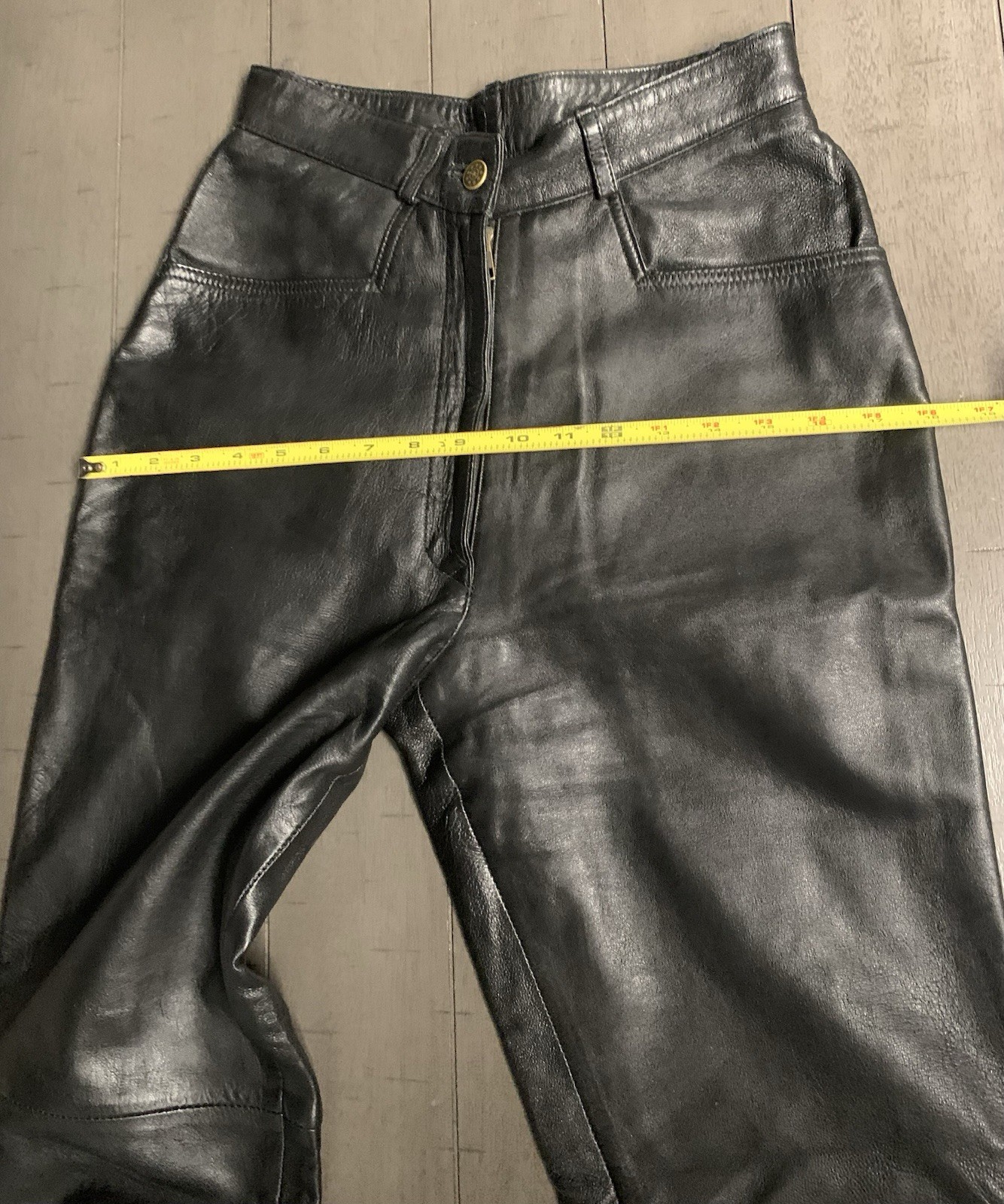 B1 Y2K CANDA C&A BLACK SOFT LEATHER PANTS SZ 4 RAW HEM BOOTCUT MOTORCYCLE 24×31”