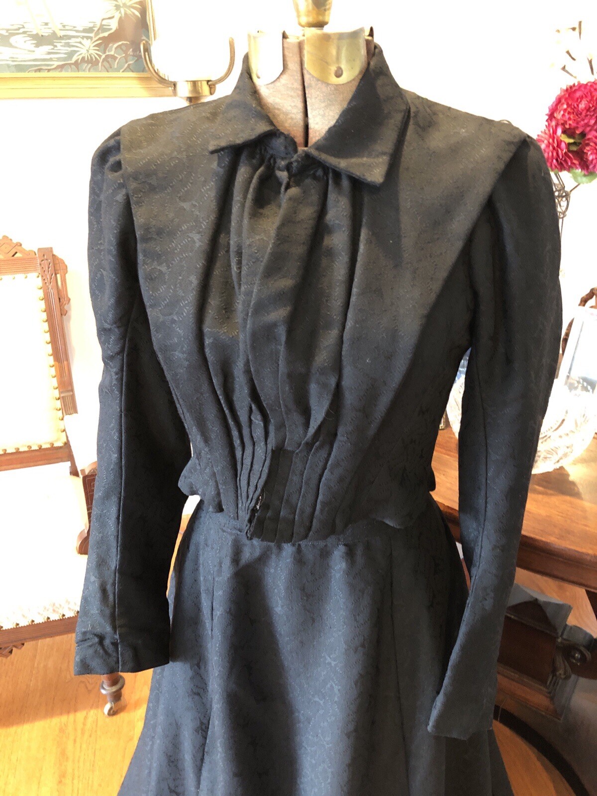 Orig VICTORIAN 1900 Black GIBSON GIRL Jacquard WOOL CHALLIS 2PC DRESS DRESS Exc