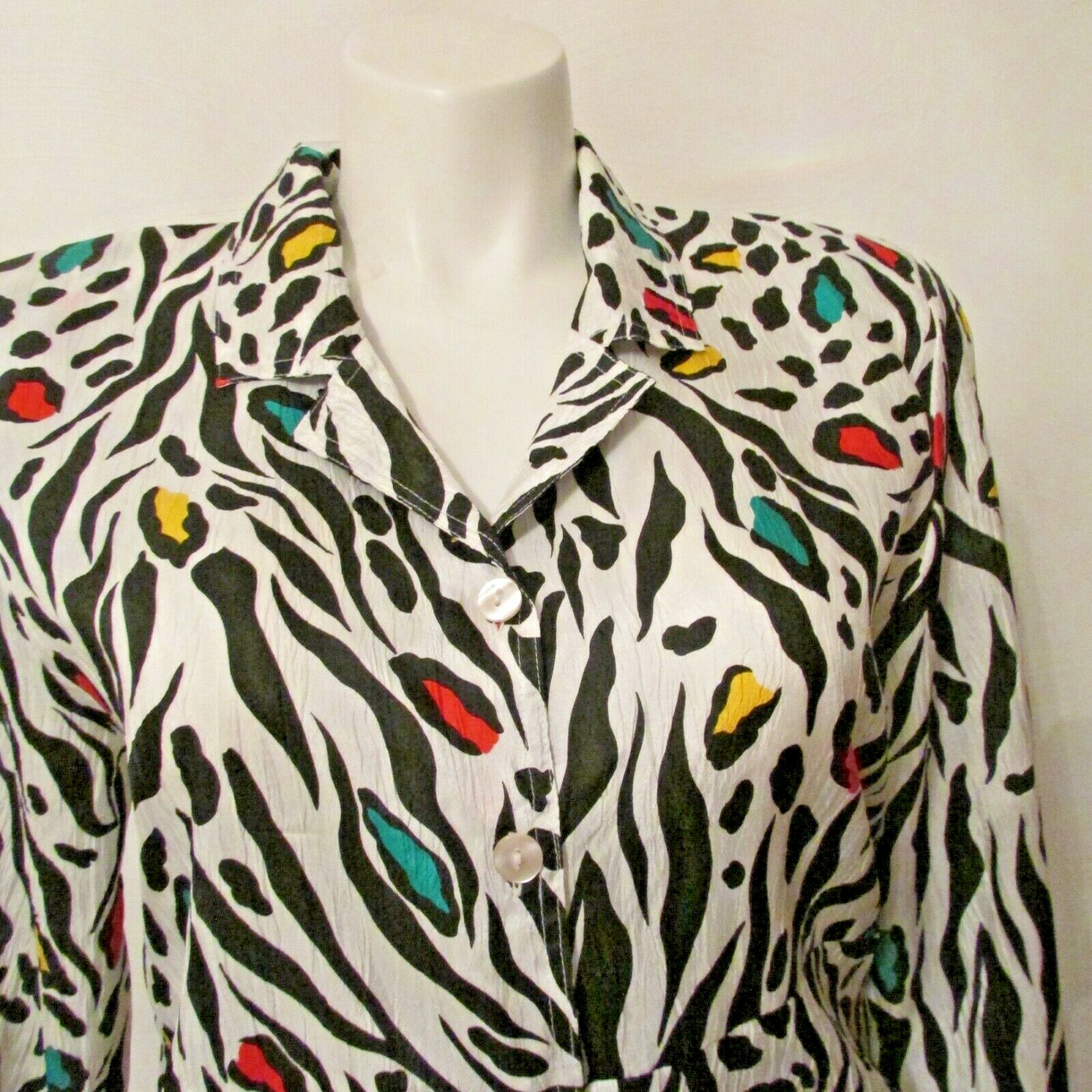 Leslie Fay Separates Multicolor Zebra Print Button Up L/S Top Blouson Blouse M