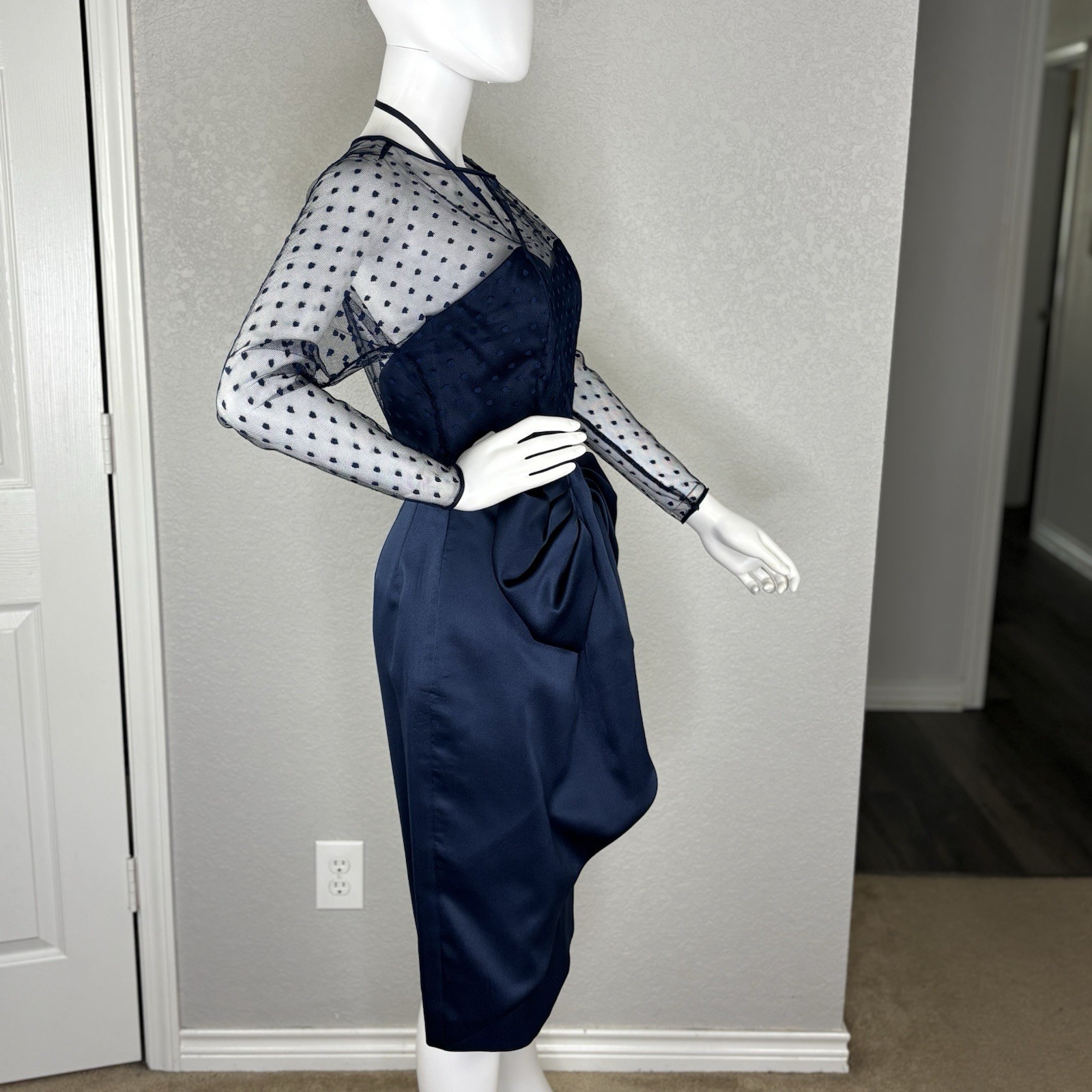 VTG VICTOR COSTA 80s Dress Mesh Dolman Overlay BOW Gilda Old Hollywood Sz 6 Navy