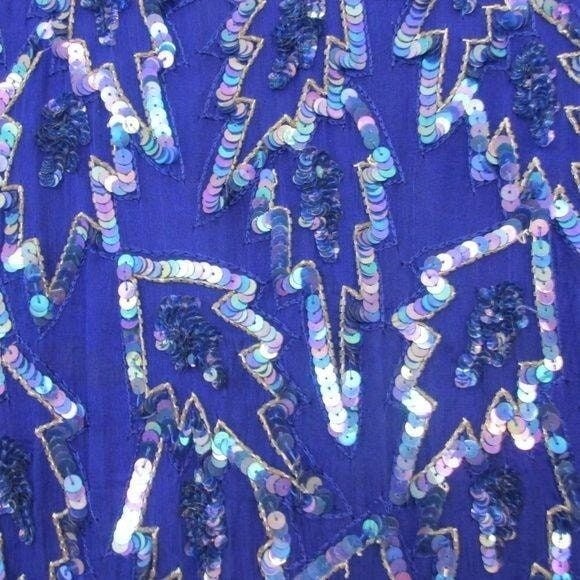Scala Vintage beaded and sequined blue gown evening dress L beaded fringe