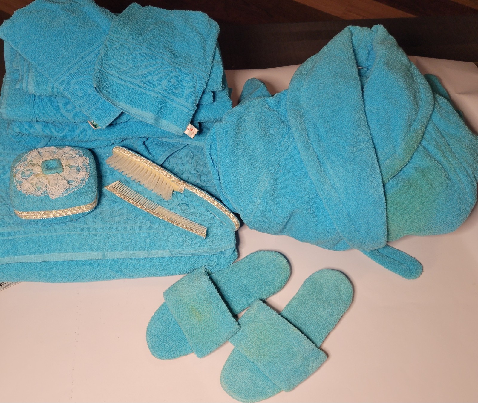 Vtg 60s Italian Bridal Trousseau 9pc Bath Set AMAR NOS Turquoise READ! Towels