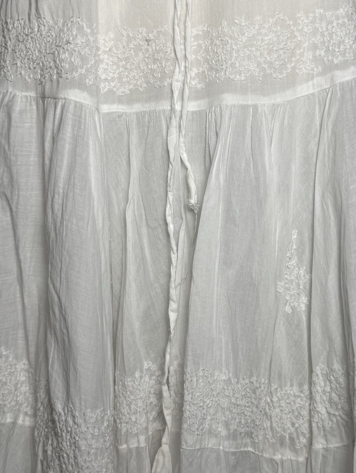 Vtg White Cotton Maxi Skirt Floral Embroidered OS Boho Fringe Rupees India