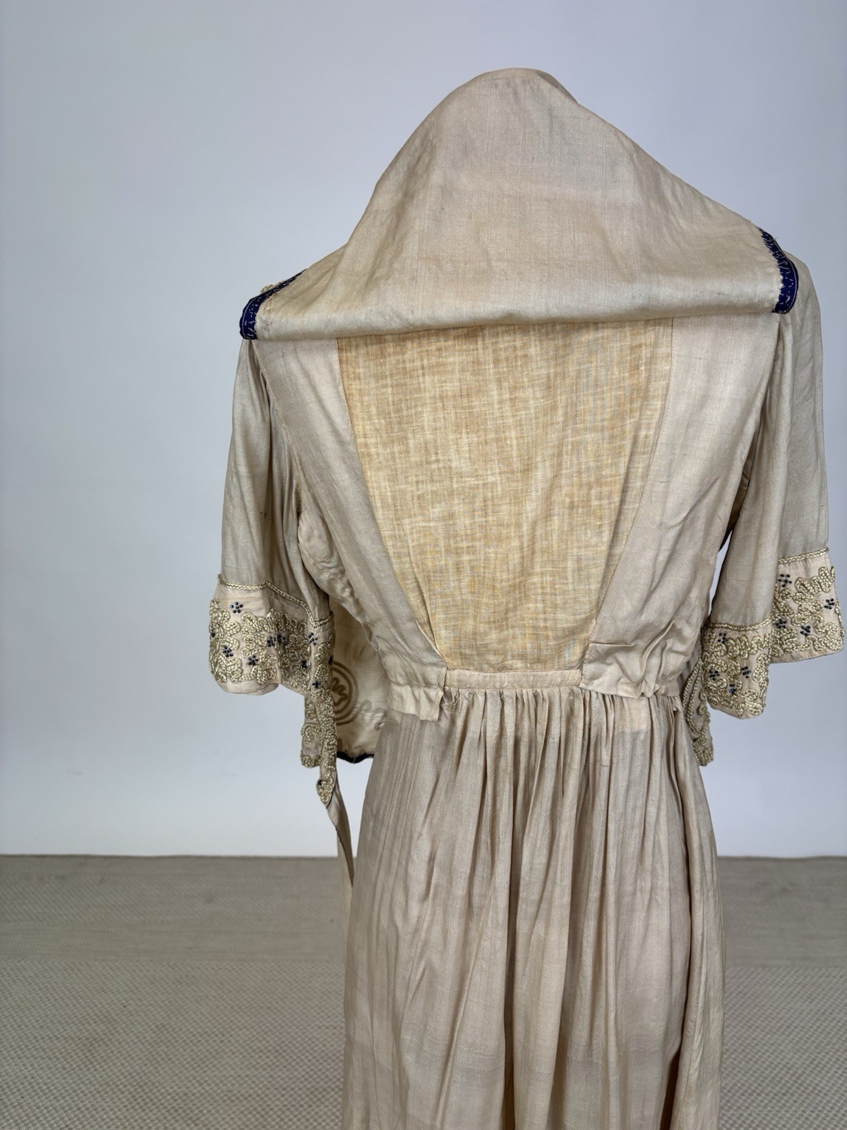 Antique Edwardian 1910s Beige Silk Day Dress Cording Blue Beads Wrap Bodice