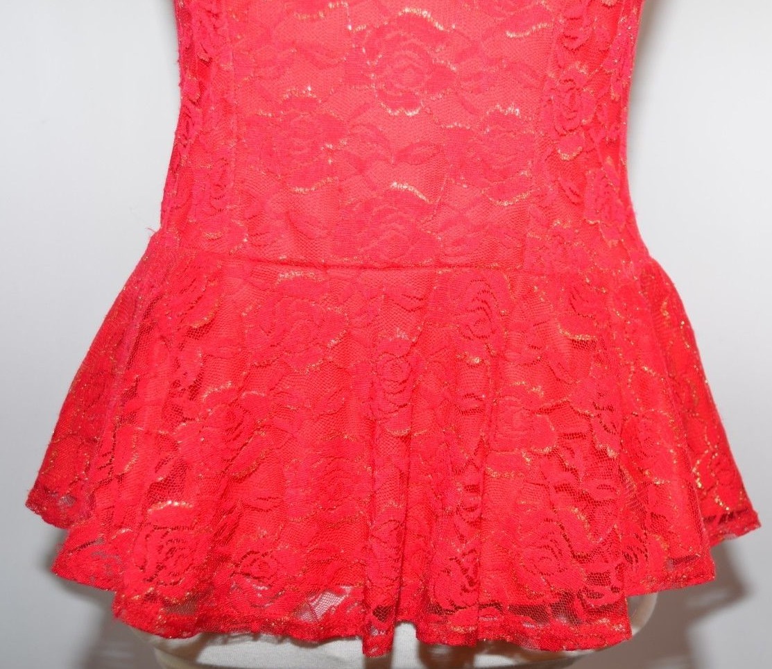 VTG IZ Byer Red Floral Glitter Lace Glitter Sheer Fitted Peplum Women S USA Made