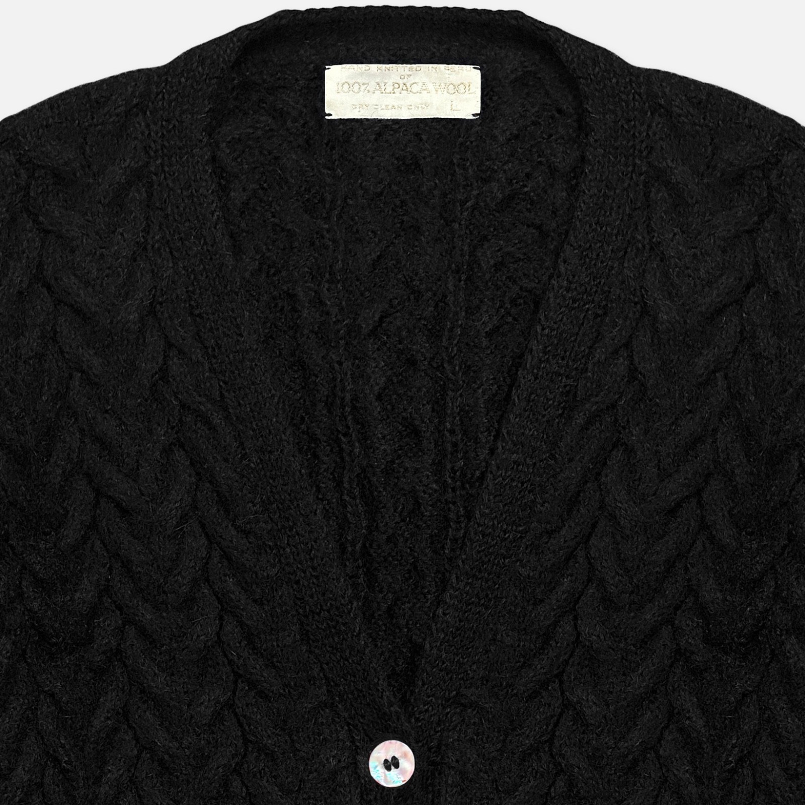 Vintage 70s Coquette Black Fuzzy Alpaca Wool Cable Knit Pearl Button Cardigan L