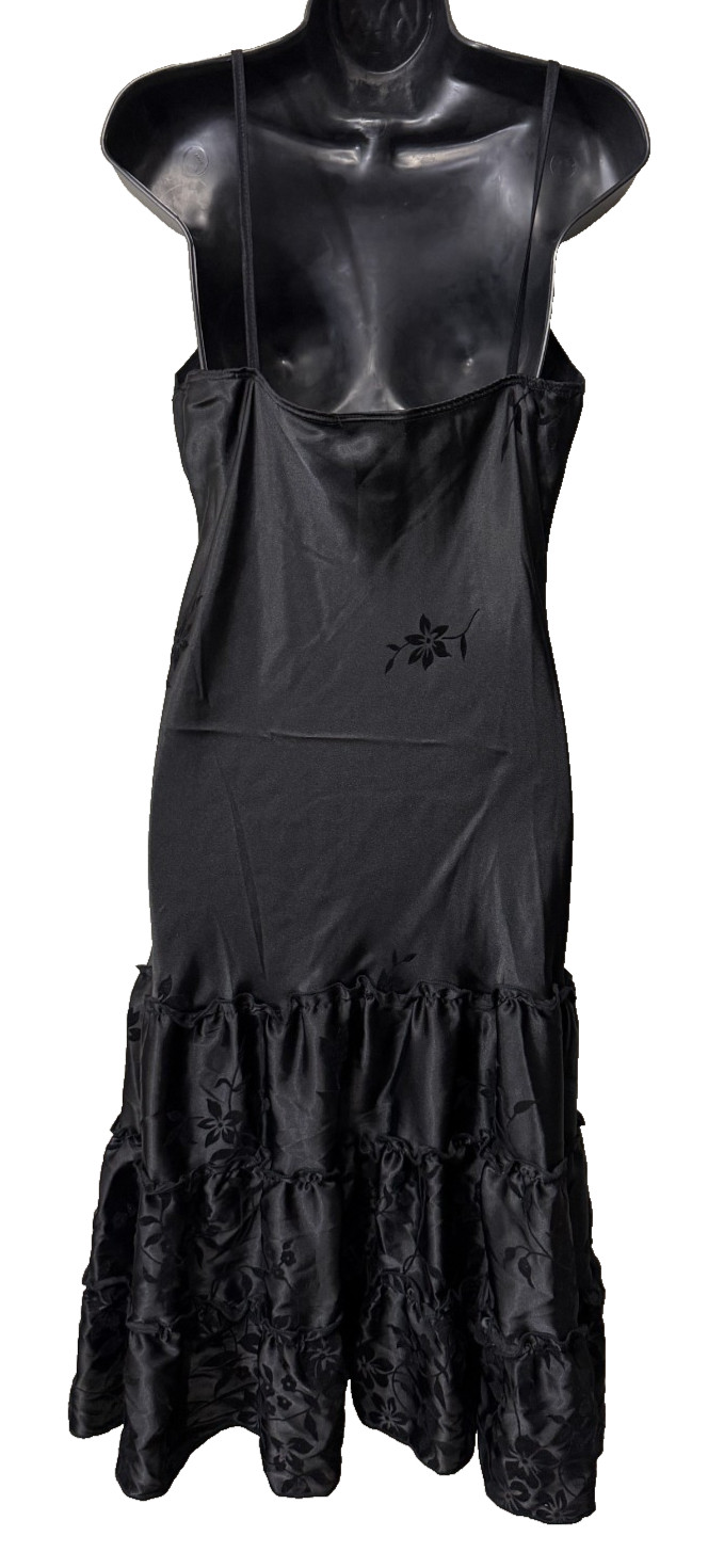 Vintage Y2K 90s Glam Satin Babydoll Slip Midi Dress Whimsigoth Floral Black L