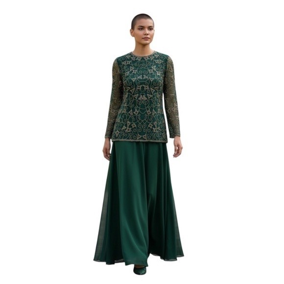 Vintage Evening Gown Niteline by Della Roufogali Green beaded Long sleeve, SZ 16