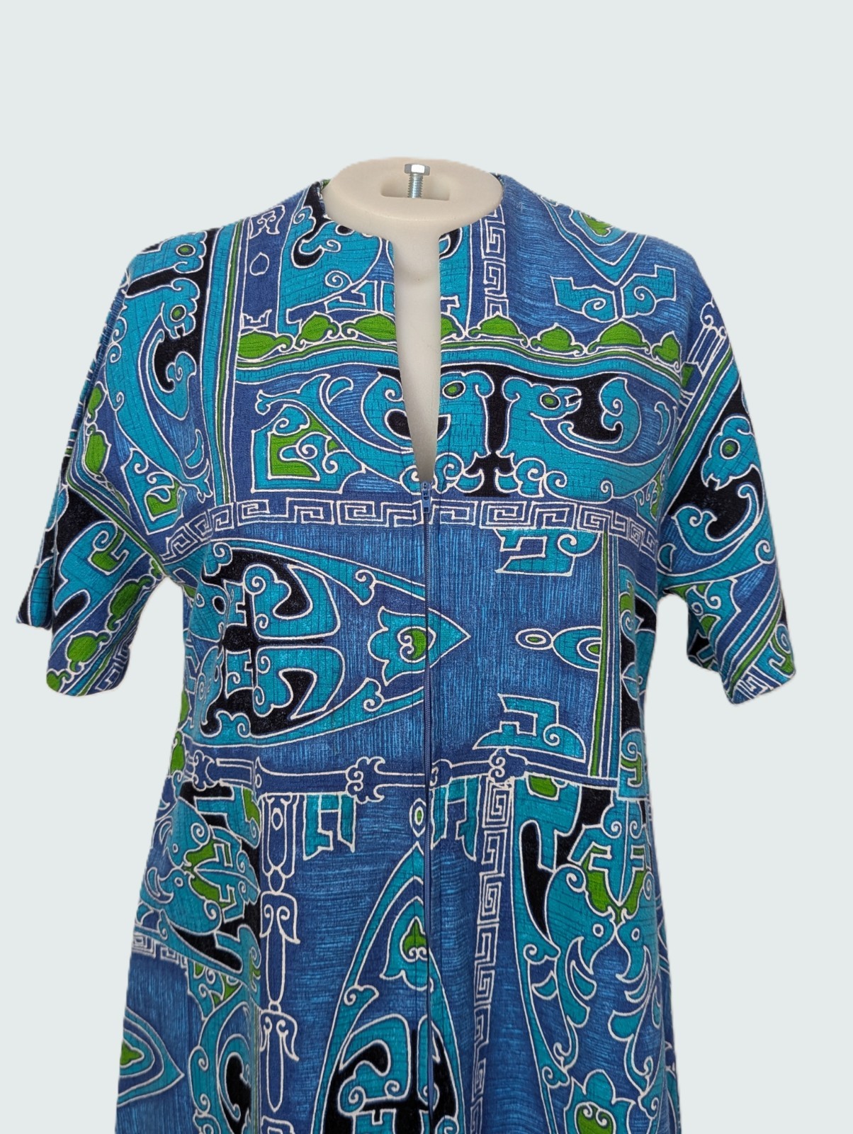Vtg 70s Two Potato Tribal BARKCLOTH Angel Wing Boho Dress – Blues Greens MEDIUM