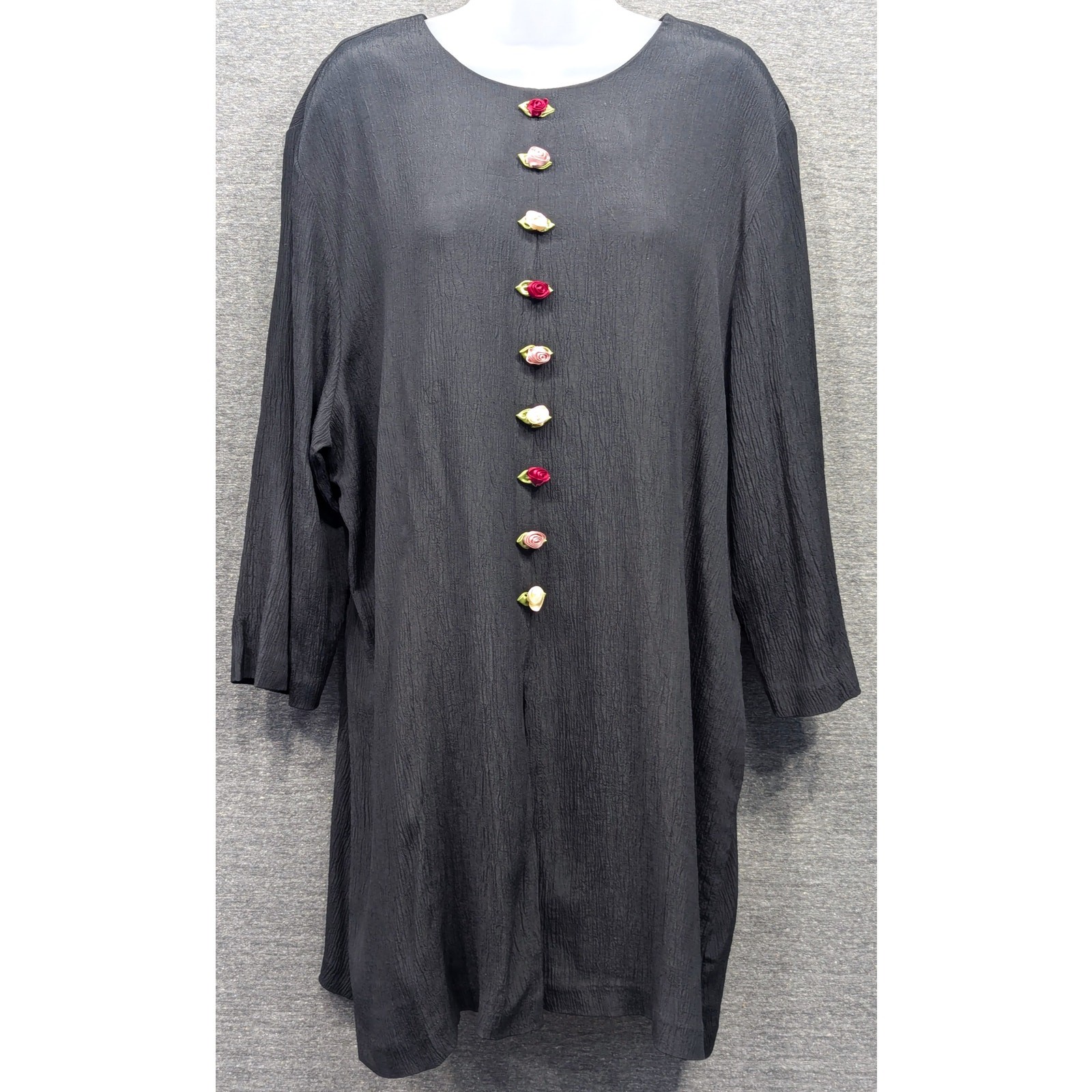 VINTAGE Michael Blake Dress – Black, Flower Detail, Crepe, Zip Back, Long Sleeve
