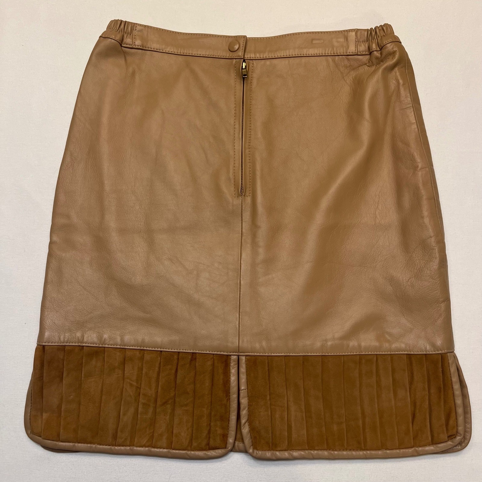 Vintage Genuine Leather Pleated Suede Trim Neutral Tan Western Boho Skirt Size L