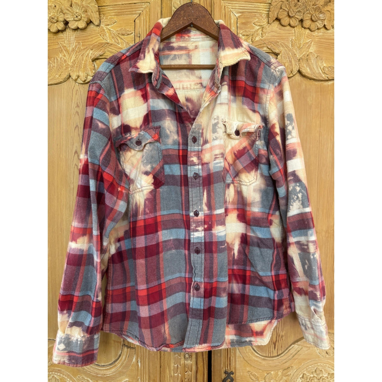 Upcycled Butterfly Flannel Shirt Large Bleach Dyed Love Heals Cotton