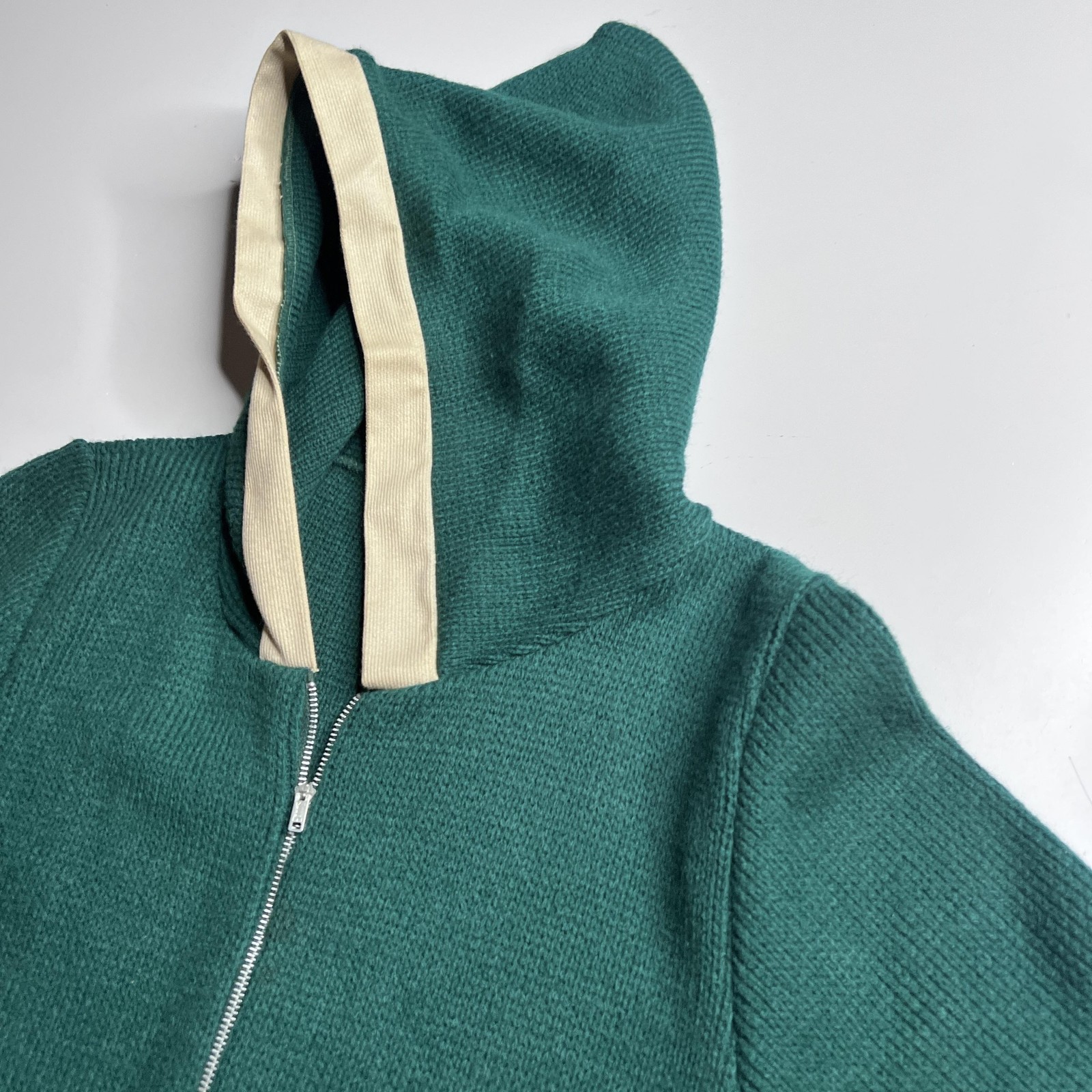 50s Vintage Hoodie Sweater M Green Hooded Full Zip Knit Jacket Pockets