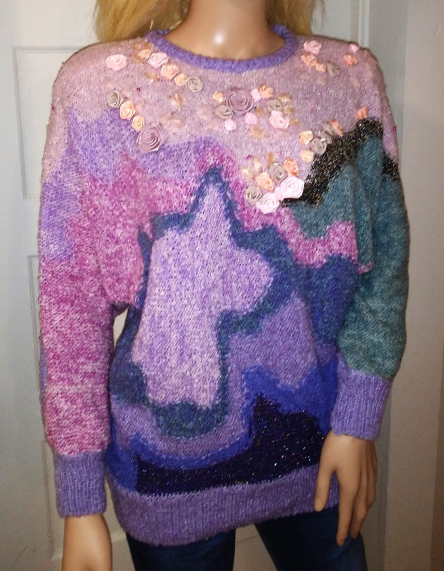 Vntg 80’s Maurada Pearl & Rosettes Embellished, Abstract Acrylic Sweater Size S