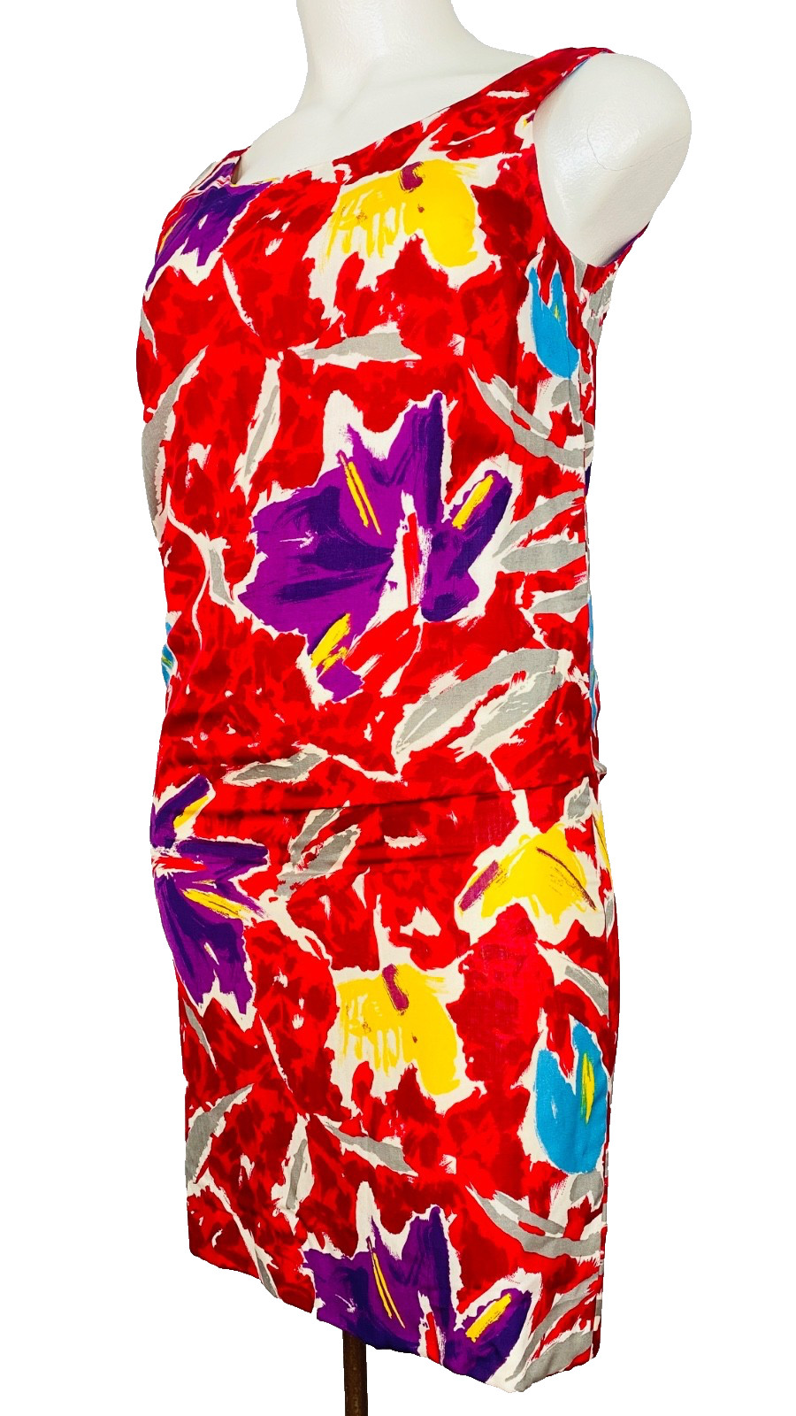 Vintage 1970s colorful floral dress L sleeveless red abstract shift sundress