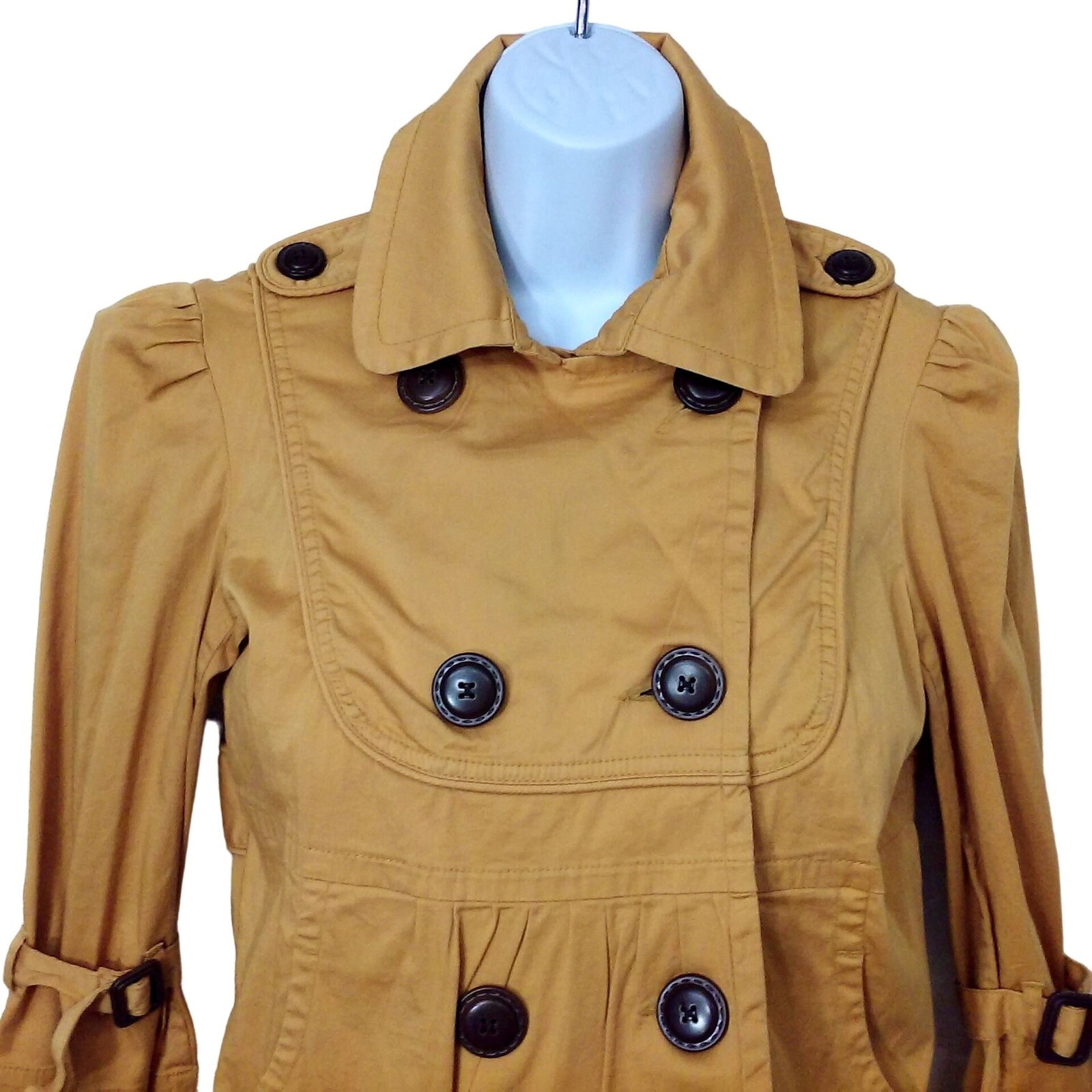Vintage 90s American Rag Pea Coat Crop Jacket -S Pockets Buttons Safari Mustard