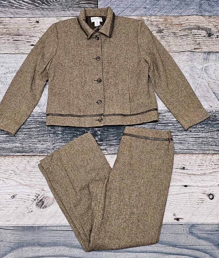 Vintage Pendleton Tweed 2 Piece Pant Suit Wool & Leather Trim Women’s Size 12