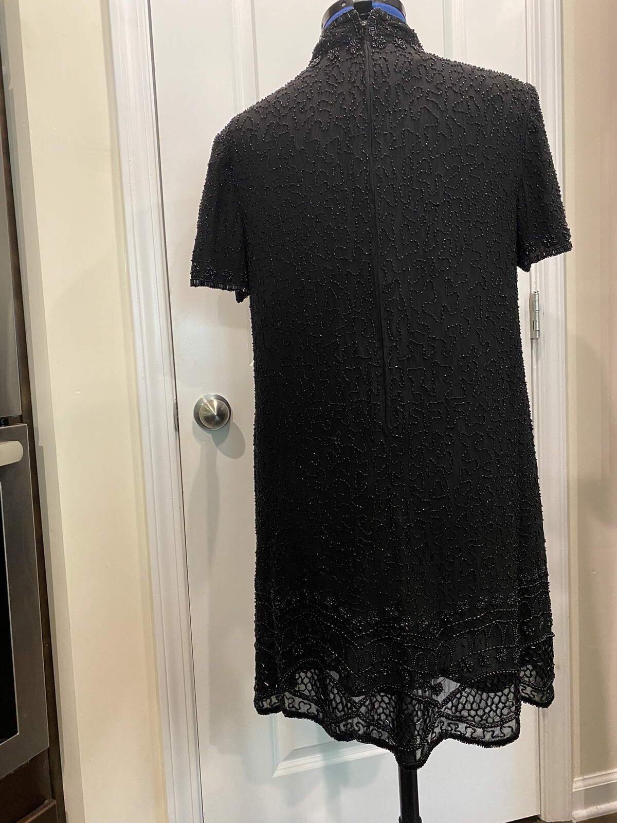 Vintage Jkara New York Black Beaded Knee Length Silk Size X-large Dress