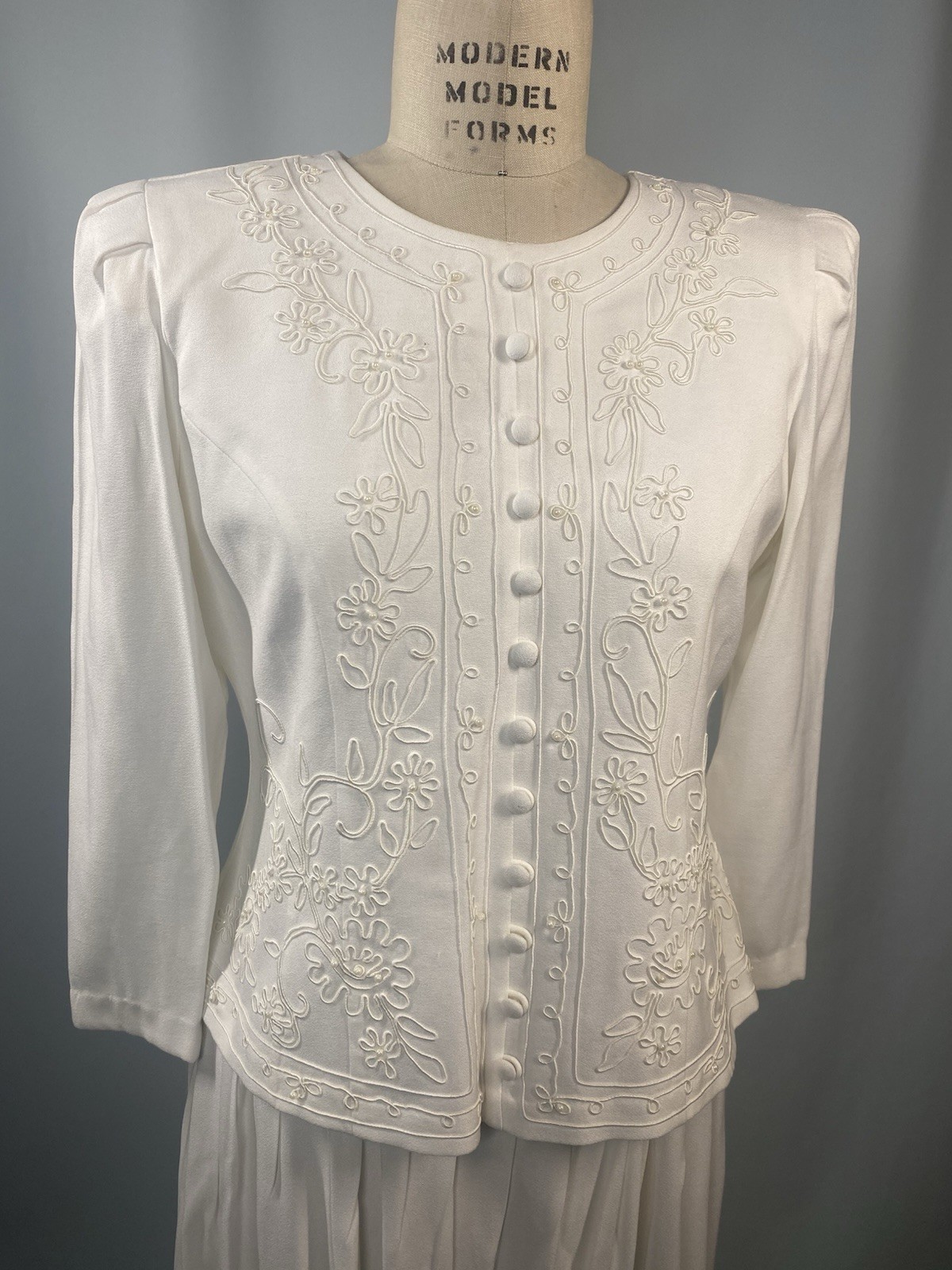 Vintage Dress SIZE 10P MEDIUM ivory white KARIN STEVENS classic MOB 80s 90s