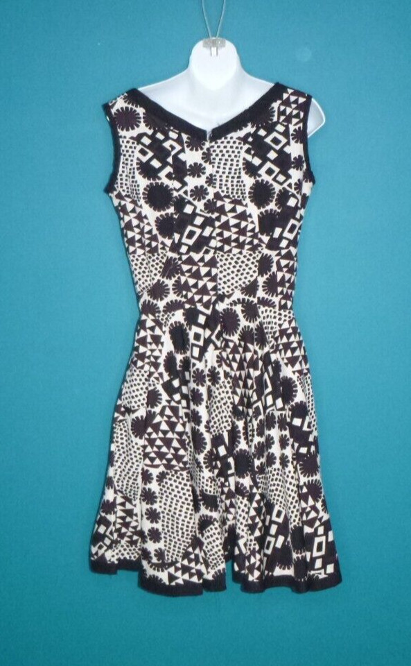 Vtg 60s Fit and Flare Dress MOD Black Brown White Abstract Floral Print Sz S/M