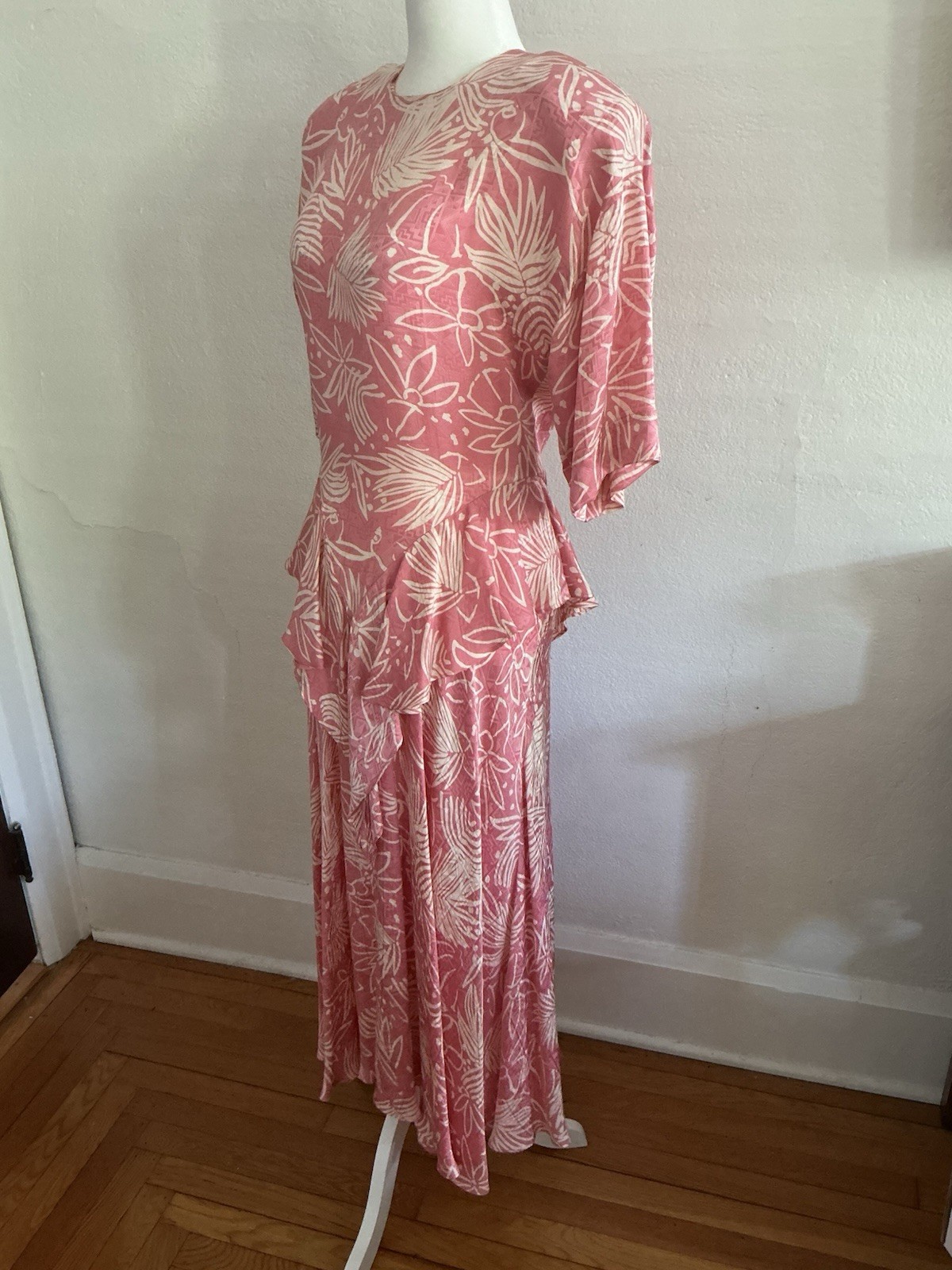Vintage Nicole Miller Dress Pink Silk Ruffled Peplum Romantic Designer 1980s 6 S