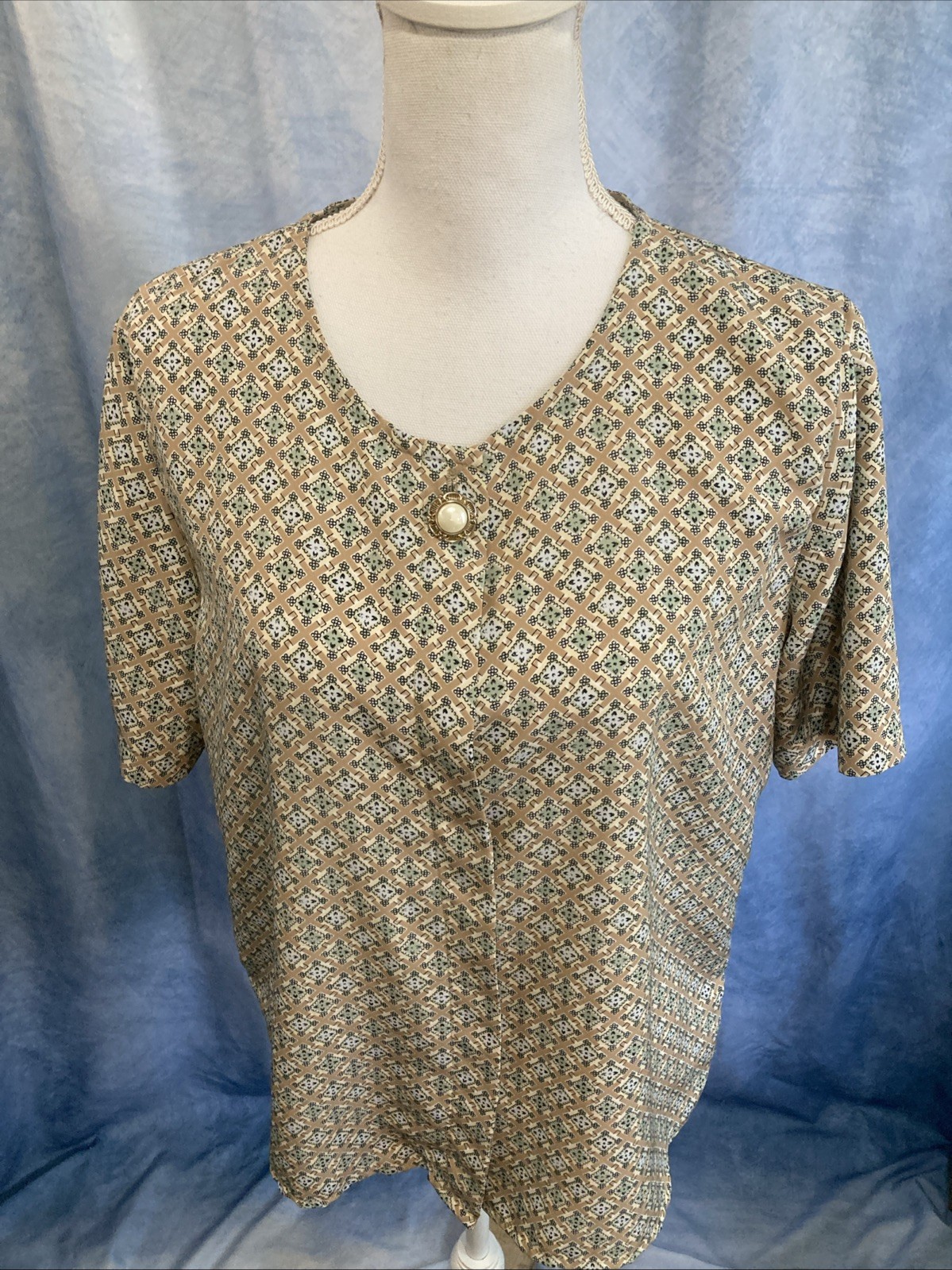 Vtg 90s Notations Geometric Tile Blouse Earth Tone Mod Career Shell Top Retro