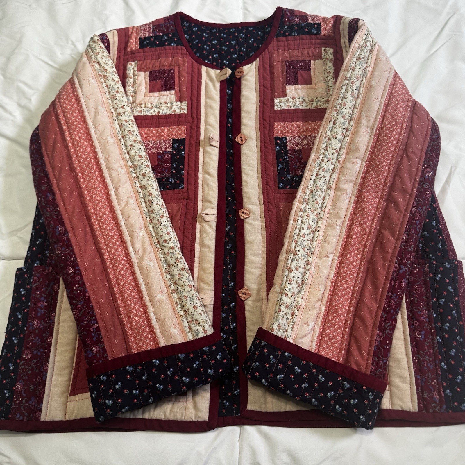 VTG 70s Handmade Patchwork Jacket L Quilted Boho Hippie Log Cabin Mauve & Navy